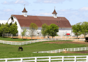 A beautiful farm with a large white barn, green pastures, and a grazing horse, showcasing an idyllic rural landscape.