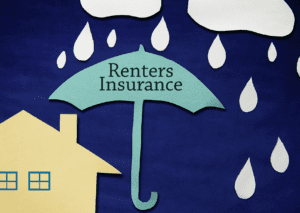 An umbrella labeled "Renters Insurance" shields a house from raindrops, symbolizing protection and coverage for renters.