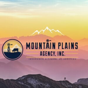 Mountain Plains Agency logo over the sunset mountain landscape. Silhouette of a hiker on the ridge.