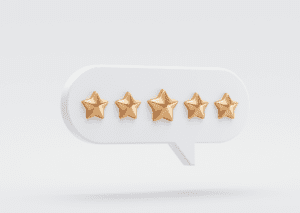 Five golden stars in a speech bubble, symbolizing a perfect 5-star rating for exceptional service and customer satisfaction.