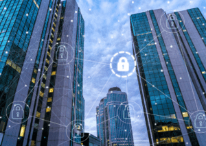 Secure buildings with interconnected cybersecurity systems in a network.